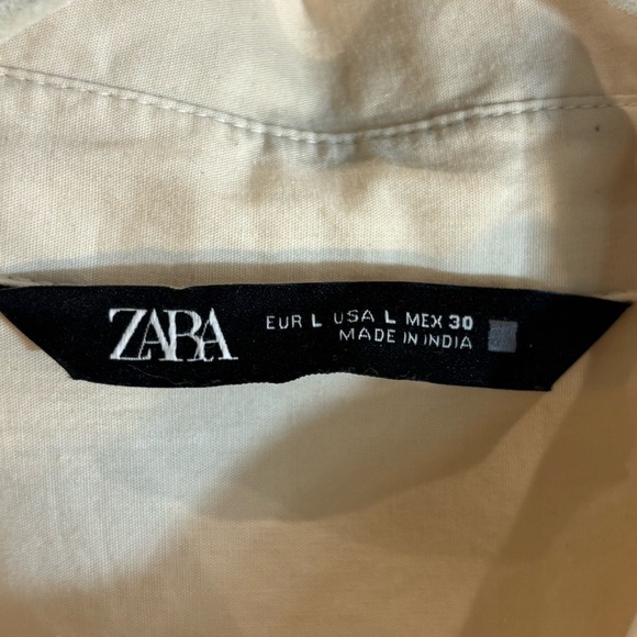 ZARA Sz L Collared Cream Shirt Dress Eyelet Lace Front Puff Sleeves Beaded Belt - Picture 3 of 14